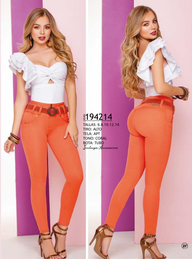 Pantalón Vaquero Colombiano Para Dama Con Diseño Levanta Cola, Tiro alto y botas entubadas, Hermoso Color Coral que Realza tu Figura